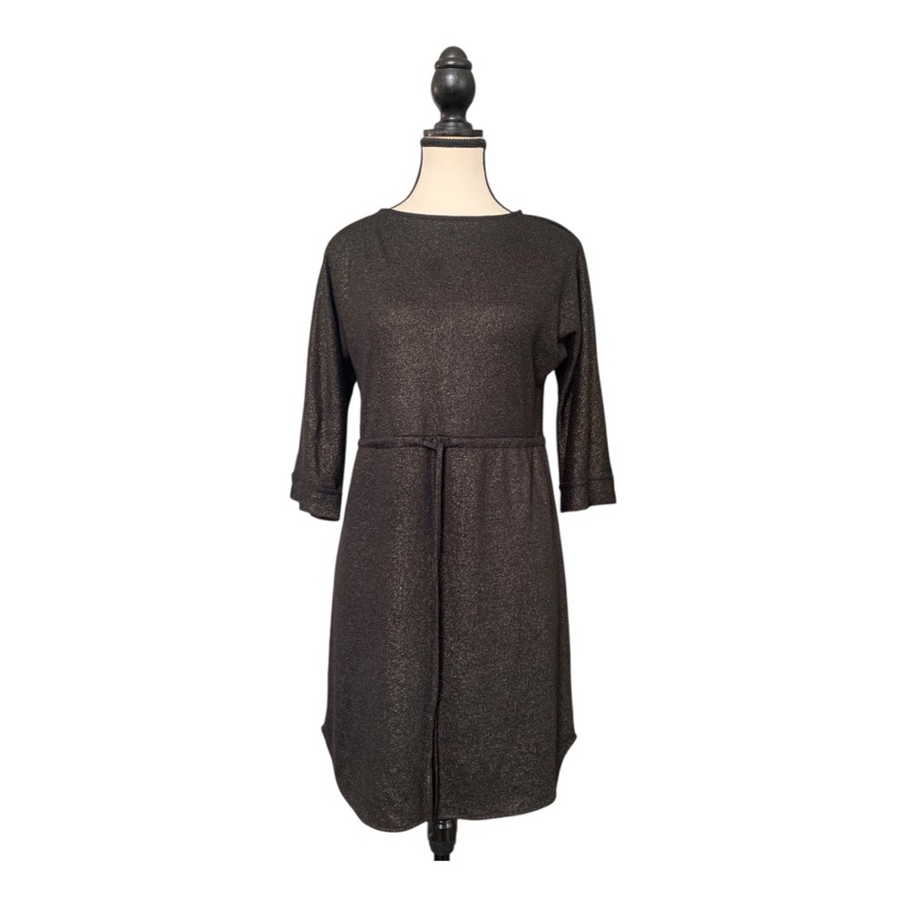 Veronica M Metallic Black Midi Dress with Belt